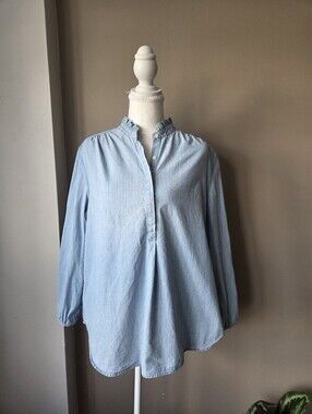 Trovata Birds of Paradis Chambray Ruffle Collar 100% Cotton Blouse Women's Mediu